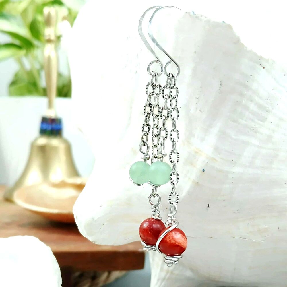 BOGO EARRINGS Aventurine & Coral Beaded Dangle Earrings, Gemstone 2.5"